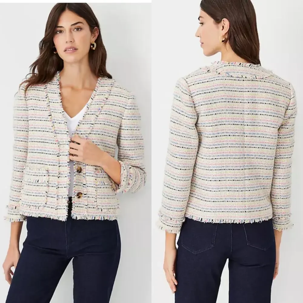Ann Taylor Multicolor Shimmer Fringe Tweed Button Front Cardigan Jacket Size 8